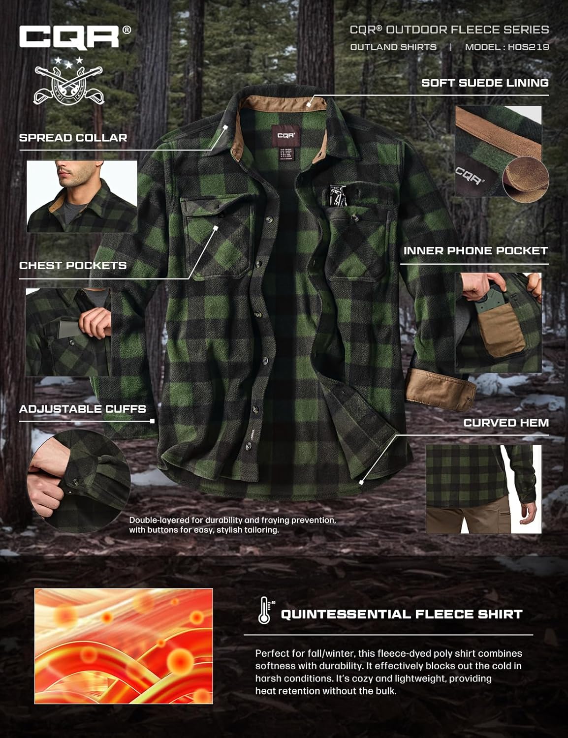 CQR Men's Long Sleeve Heavyweight Fleece Shirts, Plaid Button Up Shirt, Warm Outdoor Casual Shirt with Pockets - Image 7