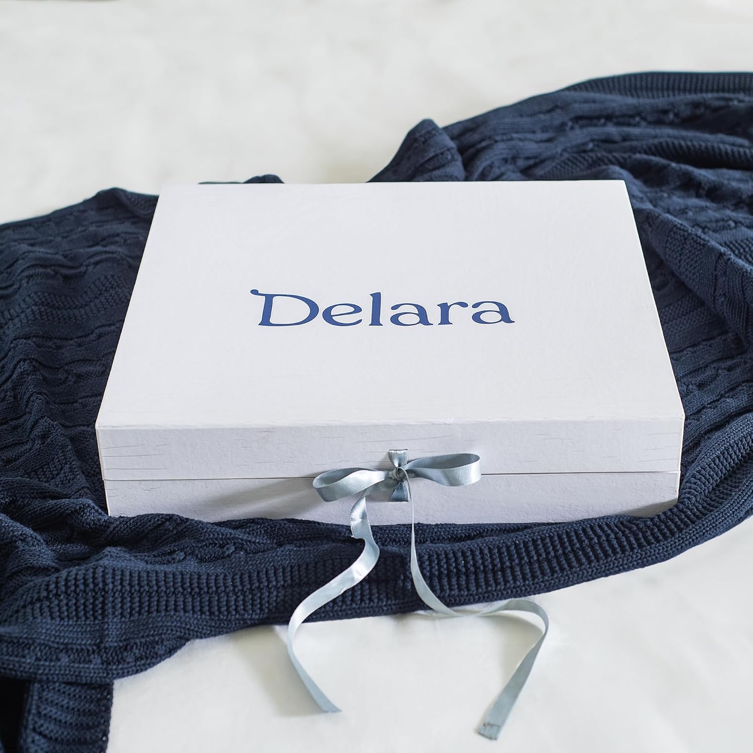 Delara Organic Cotton Throw Blanket 50x70 inches, GOTS Certified Cable Knitted Throws Blanket for Sofa Couch Bed, Baby Nursery, Lightweight Cozy Warm Decorative Blanket All Season Use (Dark Navy)