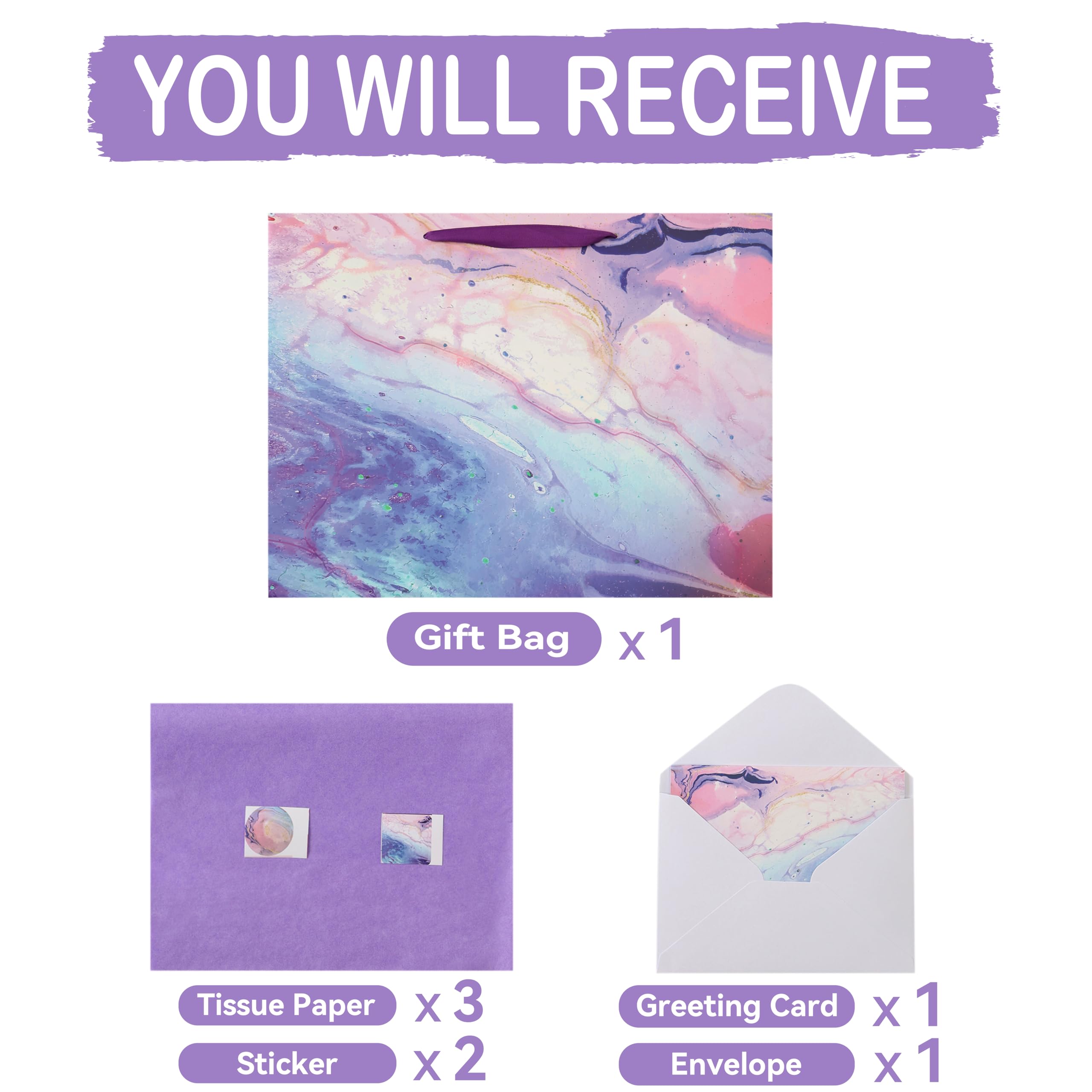 Juego de bolsas de regalo de mármol morado extra grande de 16.5 pulgadas con asas, tarjeta de felicitación, papeles de seda y calcomanías para mujeres, niñas, niños, adolescentes, para cumpleaños, día