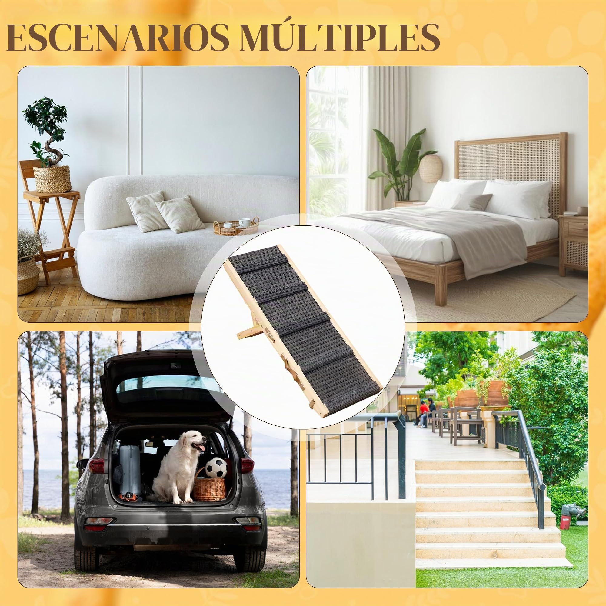 Rampa para Perros de Madera Escalera para Perros 4 escalones Ajustable 23cm a 46cm Rampa Ajustable para Perros para sofá Cama Coche Rampa Plegable para Perros medianos pequeños hasta 60 kg