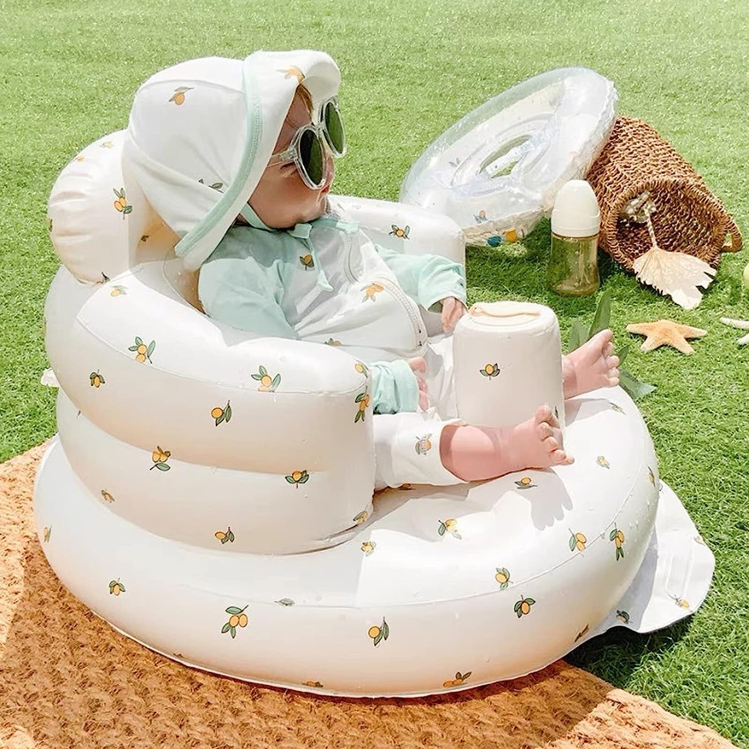 TAME Inflatable Baby Seat for 3 Months Up, Learn Sitting Sofa, Portable Summer Toddler Beach Chair, Waist Protection PVC Support With Built-in Air Charging Pump (Olive)