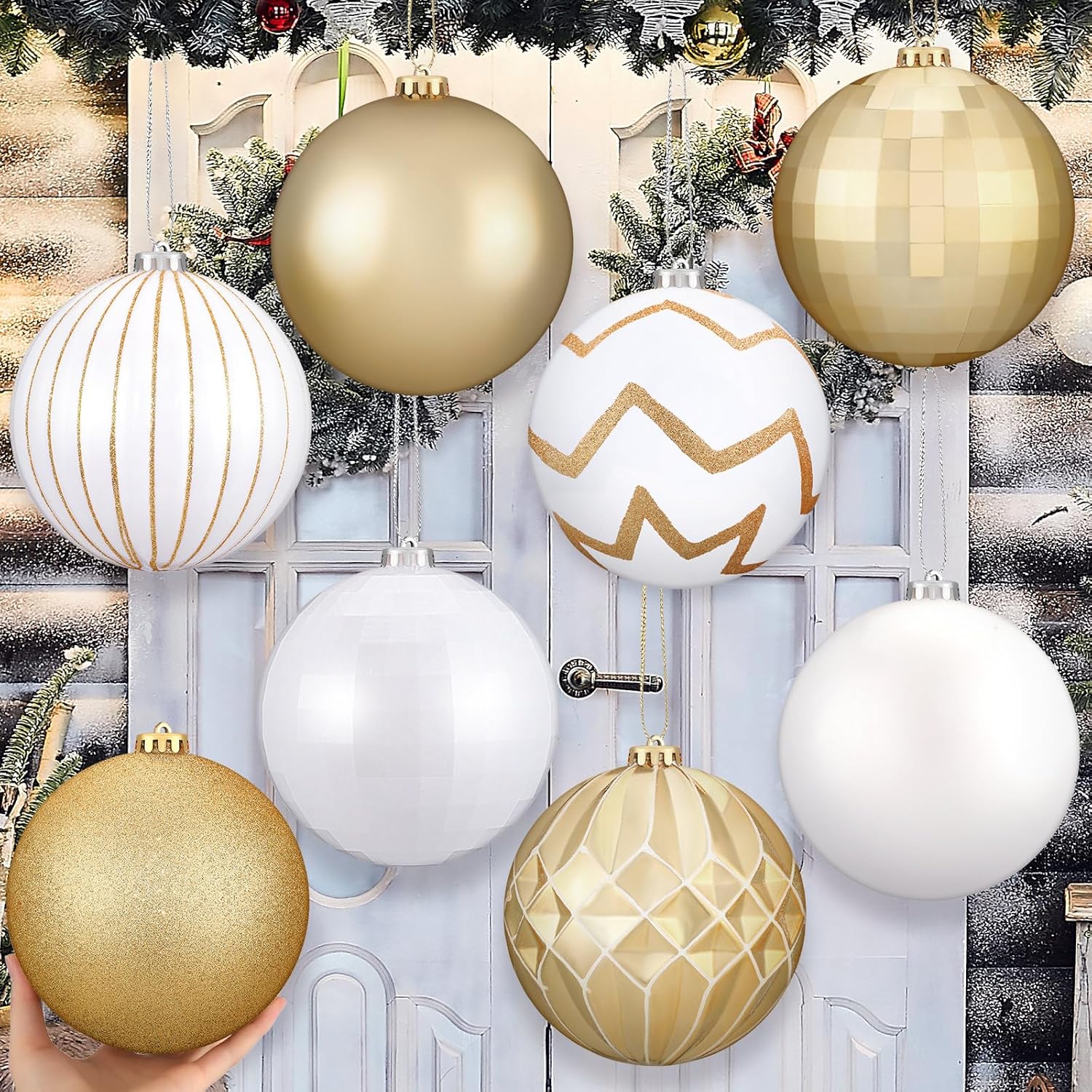 Wettarn Set of 8 Large Christmas Ball Ornaments 6 Inch White Gold Glitter Hanging Christmas Plastic Balls Indoor and Outdoor Hanging Christmas Tree Decorations for Lawn Yard Garden