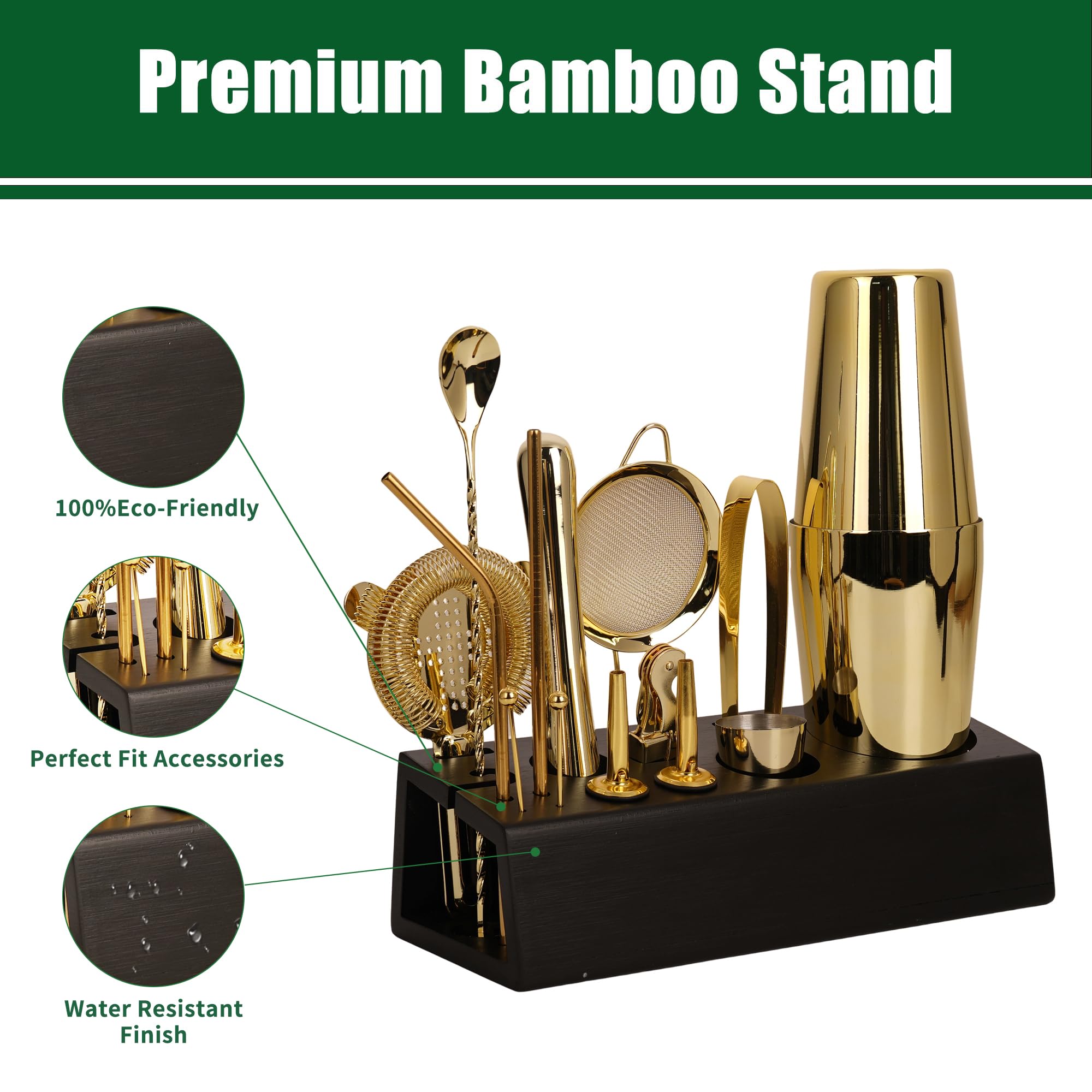 Juego de coctelera Boston, kit de coctelera Boston de 15 piezas, accesorios de barra de acero inoxidable, kit profesional de bar para el hogar con folleto de recetas (dorado, soporte negro)