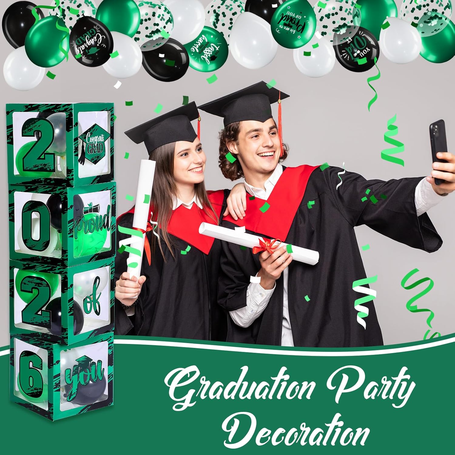 Woanger 44 PCS Graduation 2026 Box Decoration - Congrats Grad Party Box Set with LED Light Strings & Balloon Proud of You Party Supplies for Class of 2026 School College(Green)