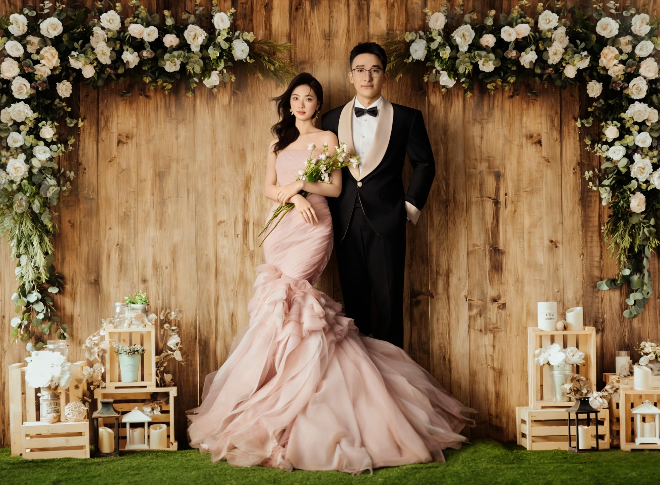 WaW 3x2.5m Stoff Fotohintergrund Hochzeit Beige Holzwand mit Blumen, Fotobox Fotowand Hintergrund Vintage, Valentinstag, Geburtstag