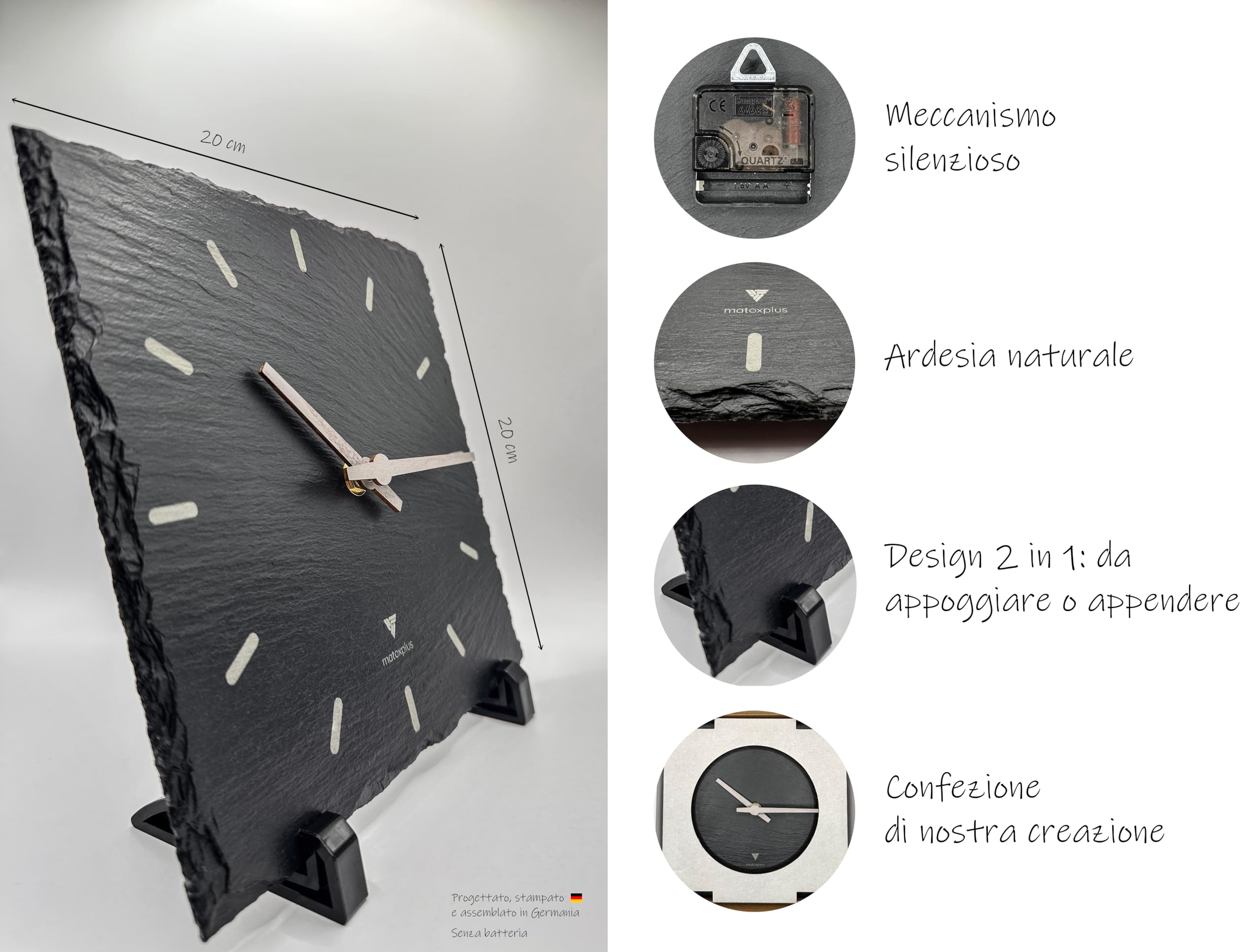 Orologio da parete in vera ardesia, silenzioso e quadrato, in pietra naturale, 20 x 20 cm, per soggiorno e ufficio (ardesia grigio scuro, lancette grigio chiaro)