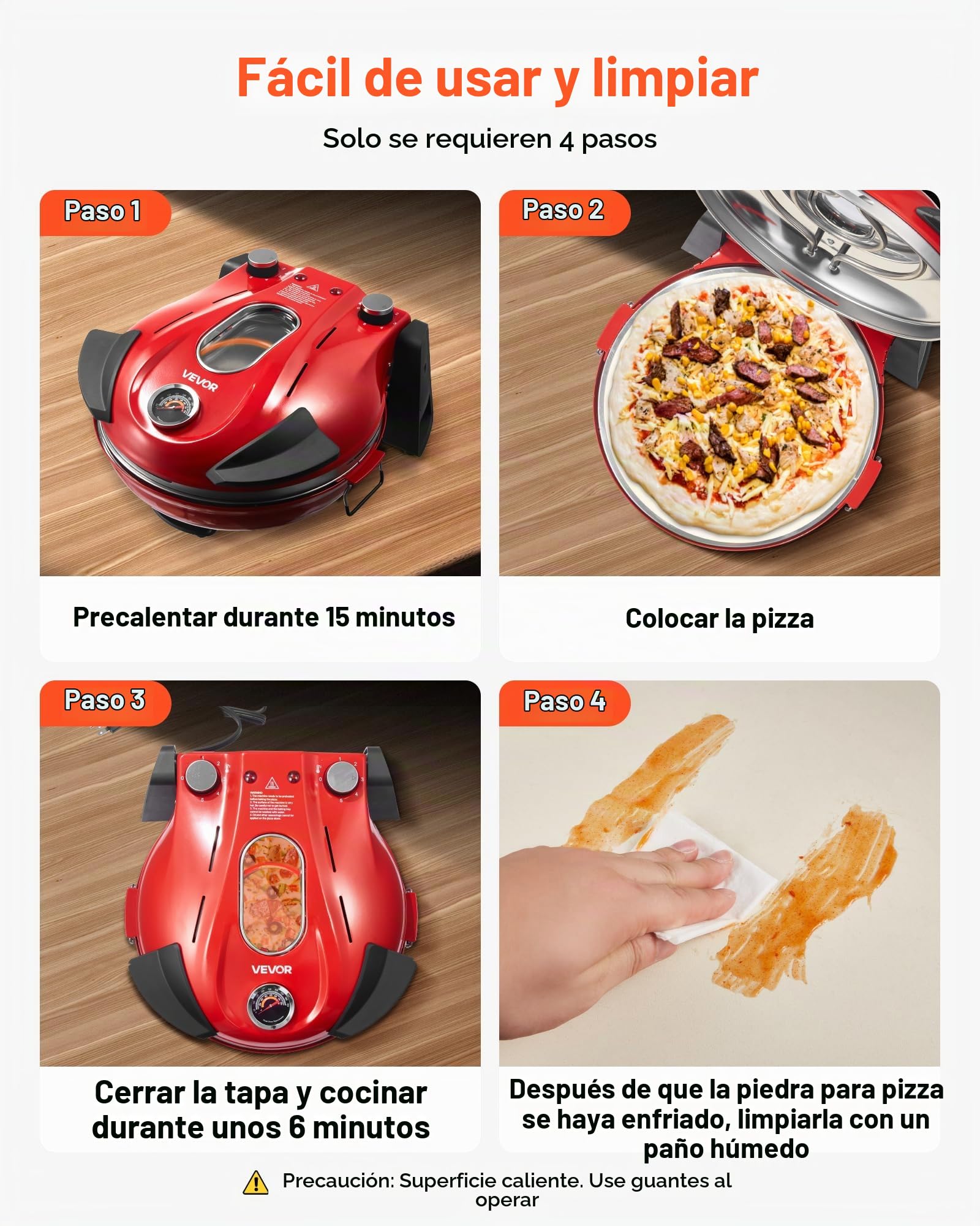 VEVOR Horno de Pizza Eléctrico de 1200 W, con Piedra de Cordierita, Control de Temperatura 5 Niveles, Ventana de Visualización para Una Cocción Precisa, hasta 420 °C, Rojo, 380 x 350 x 190 mm