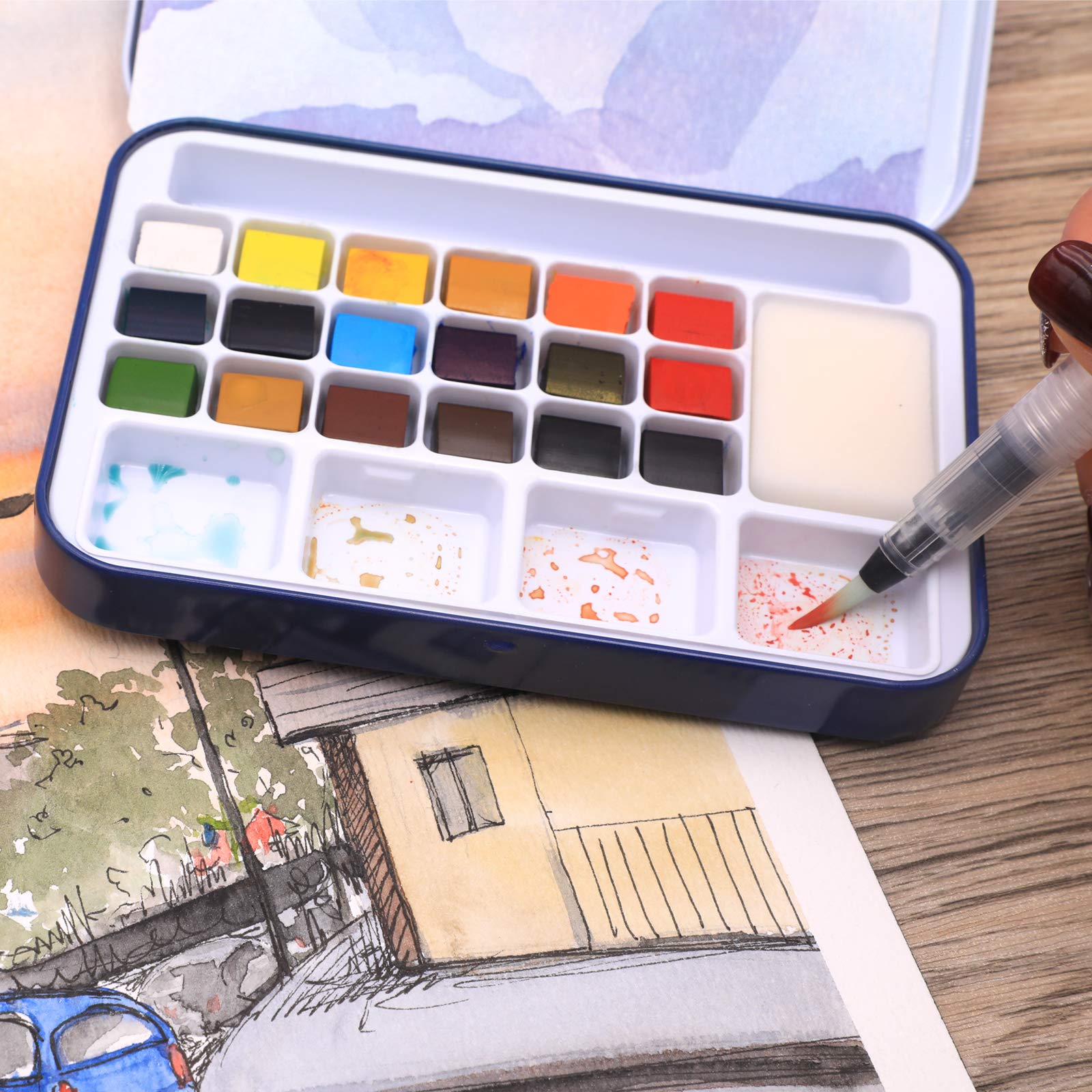Artecho - Set per Pittura ad Acquerello con 18 Colori Vivaci, tra cui Penna ad Acqua, Spugna e Tabella dei Colori Vuota per Carta Acquerello, Custodia Leggera e Portatile