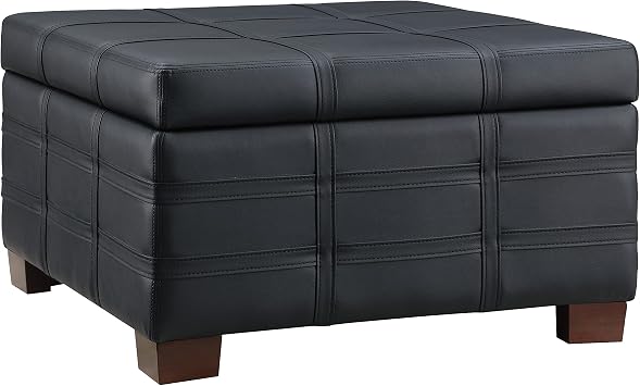 OSP Home Furnishings Detour Strap Square Storage Ottoman with Sliding Tray and Hinged Lid, Black Faux Leather