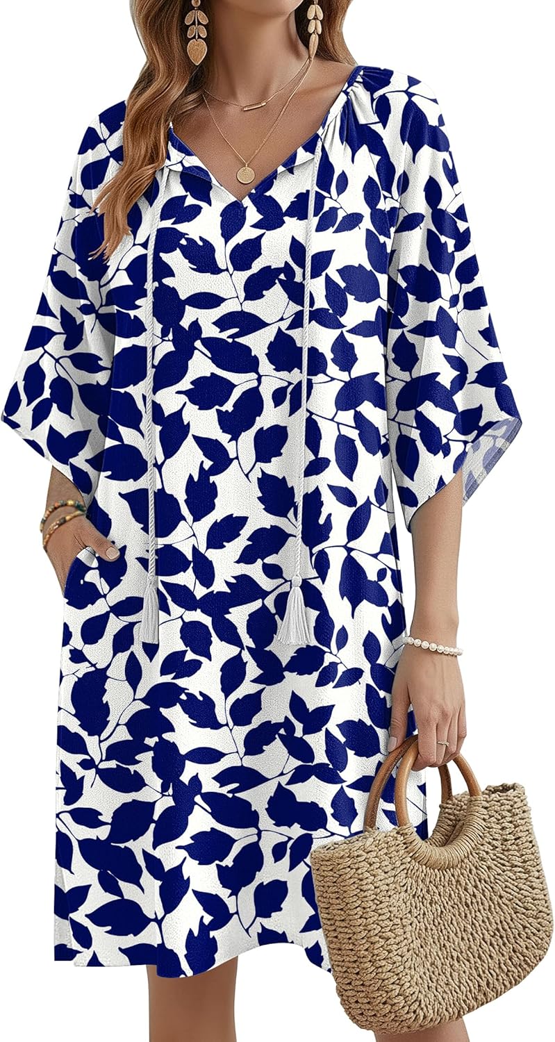 Zeagoo Womens Casual Summer Dress Boho Beach Dresses Tassel Tie Neck 2026 Floral Cover Up Spring 3/4 Sleeve Mini Sundress