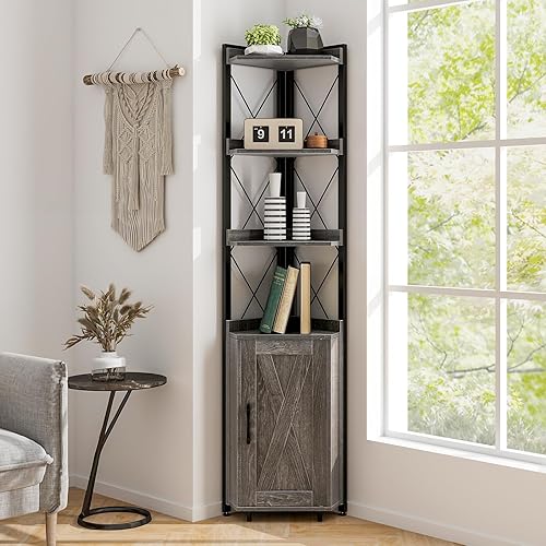 Tangkula Armario de almacenamiento de esquina alto, estante industrial de almacenamiento de 6 niveles de 71 pulgadas con gabinete de puerta, soporte