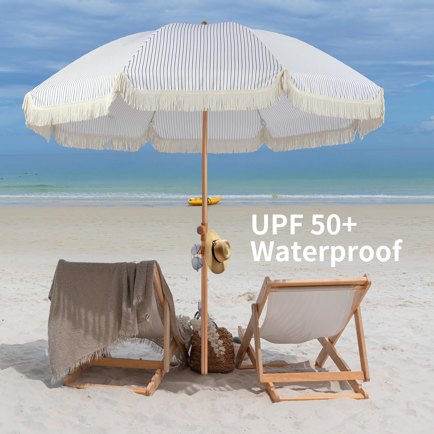 7.5ft Patio Umbrella with Fringe, Beach Umbrella, Fringe Umbrella Outdoor Patio with Hanging Hook, Tilting Aluminum Pole, UV 50 , Fiberglass Ribs, Blue White Stripe