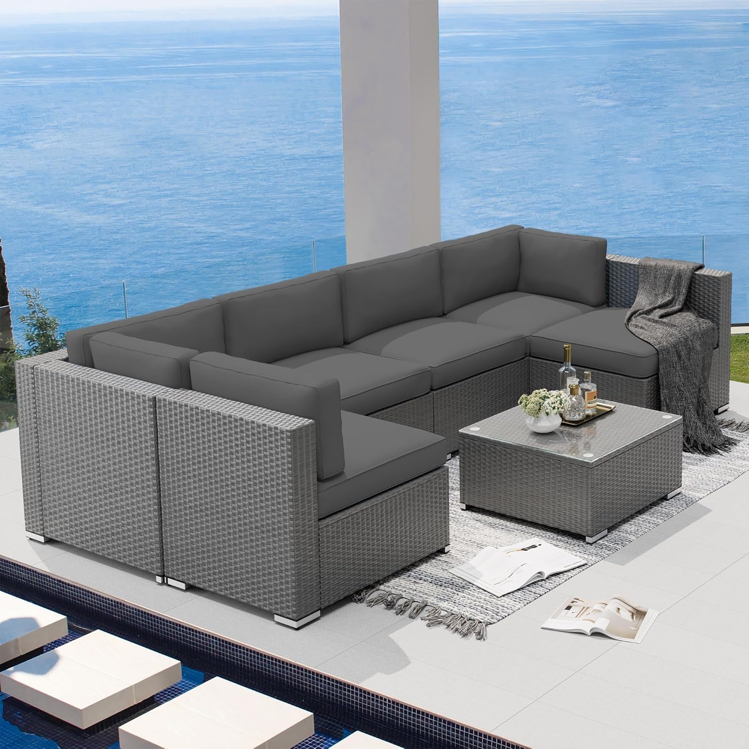 SUNCROWN 7-Piece Outdoor Patio Furniture Set All-Weather Outdoor Sectional Sofa Grey Wicker Conversation Sofa Set with Coffee Table and Cushions,Dark Grey