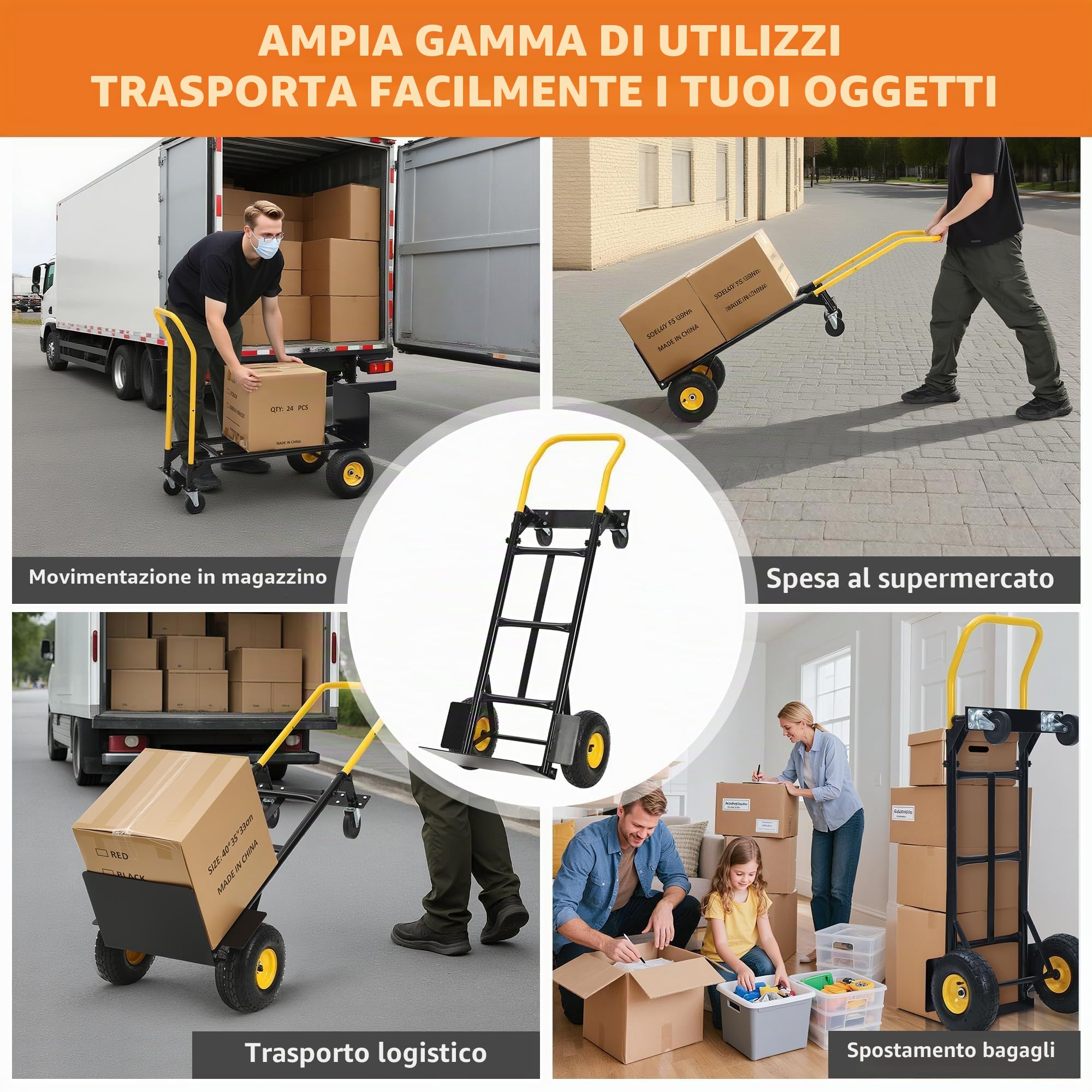 Carrello a mano convertibile 2-in-1 - Piattaforma pieghevole per magazzino, ufficio, giardino, spostamenti industriali - 4 ruote robuste, manico telescopico - Portata 800LB - Nero e Arancione