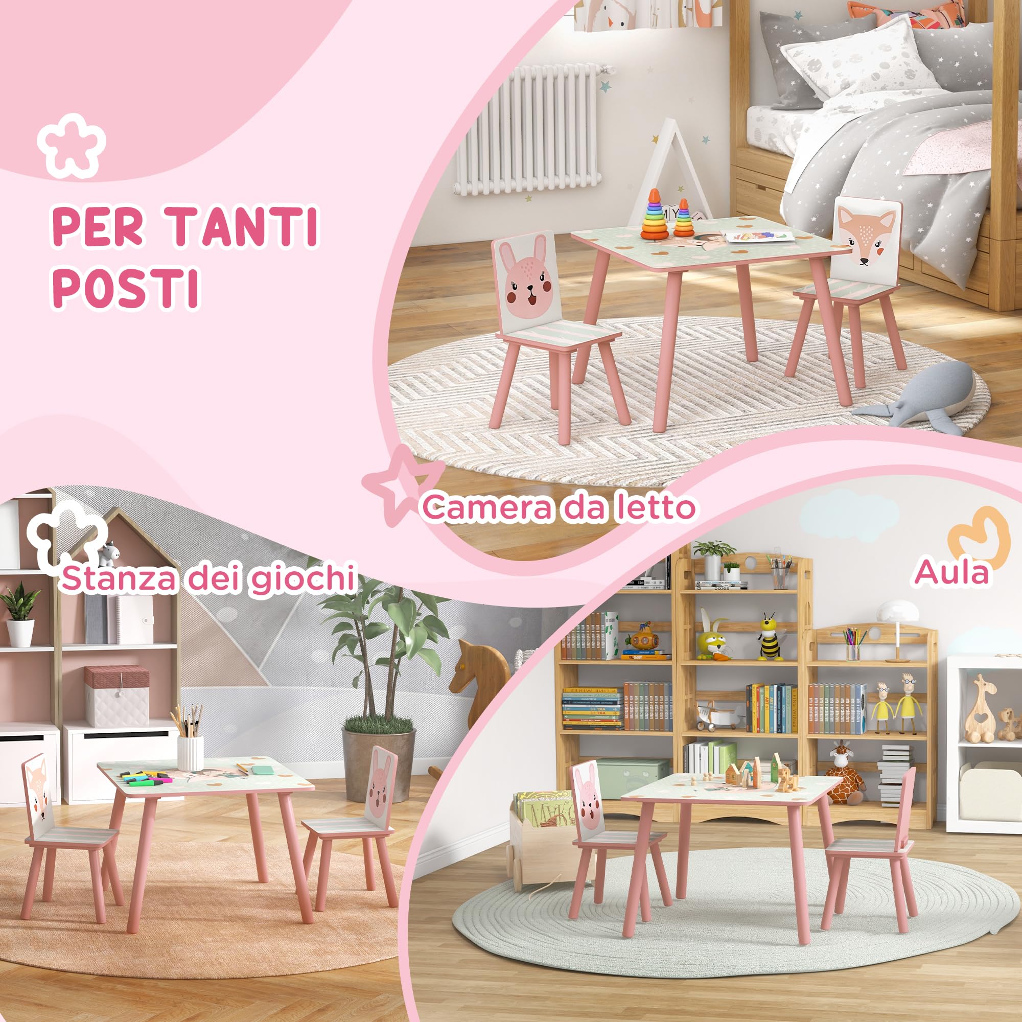 ZONEKIZ Set 3 Pezzi con Tavolo e 2 Sedie per Bambini da 3-8 Anni in MDF e Legno di Pino, Tavolino per Bambini e Seggiole con Disegni di Animali, Rosa