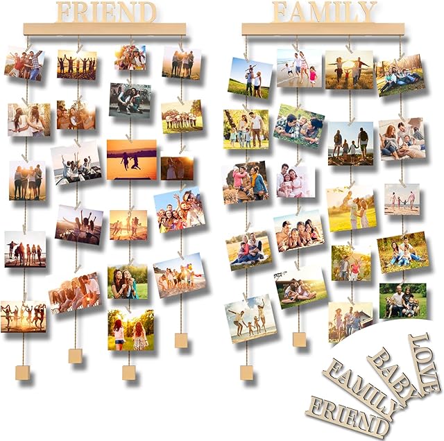 Uping Set of 2 Photo Display with 45 Clips and 4 Letter Boards Multi Picture Display DIY Wood Picture Frames Collage for Home Decoration (FRIEND BABY FAMILY LOVE frame)