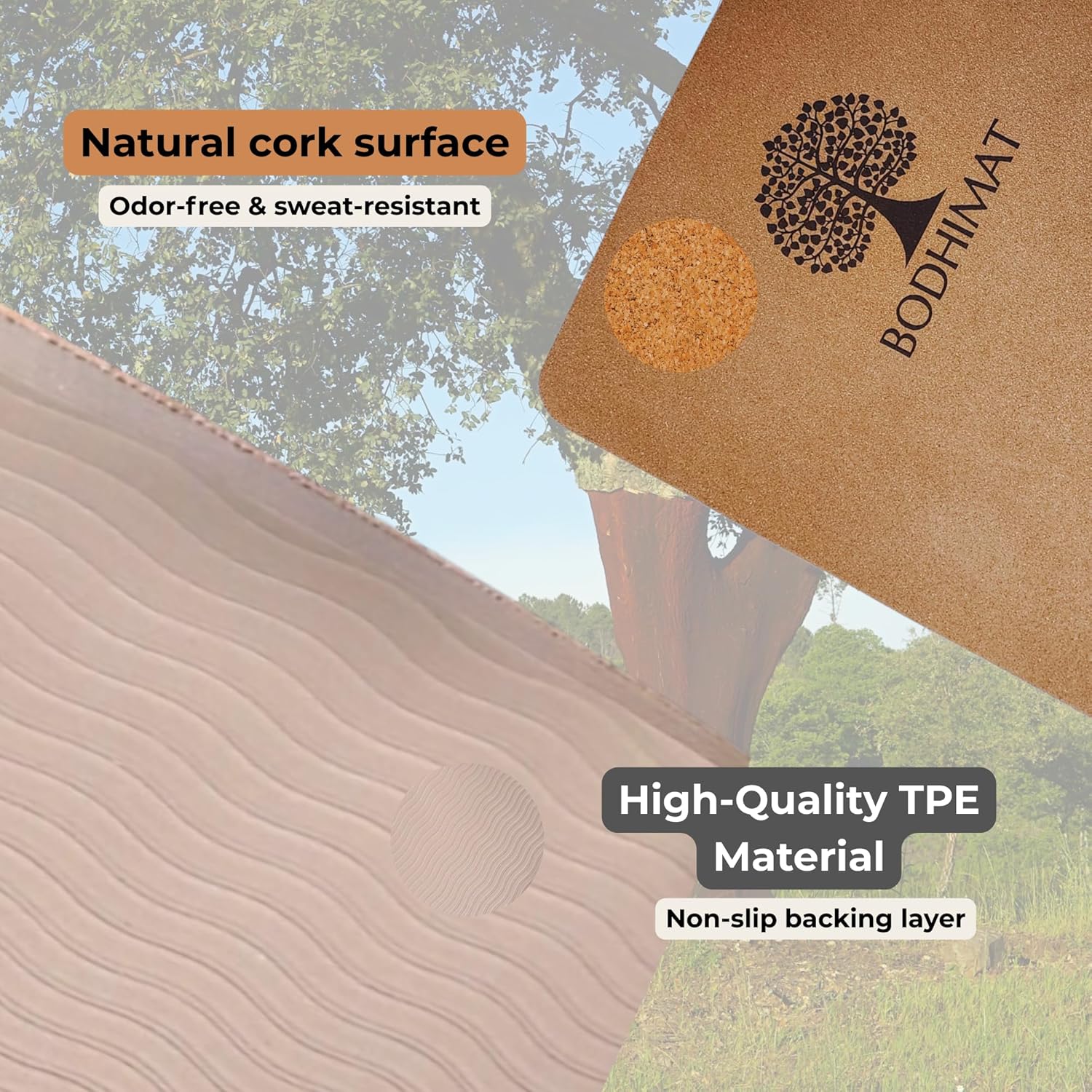 Cork Yoga Mat for Hot Yoga – Sweat-Activated Grip, 4mm Stable Support, Natural Cork Surface + Non-Slip TPE Base, 72” x 24”, Pilates & Fitness Mat with Carry Strap