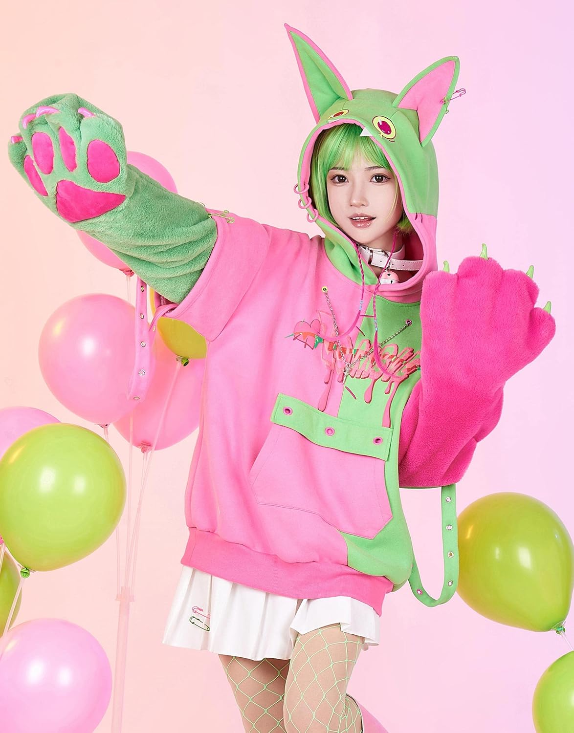 Micotaku Womens Pullover Hoodie with Detachable Bag Furry Paw Design Gloves Green Pink Hoodie