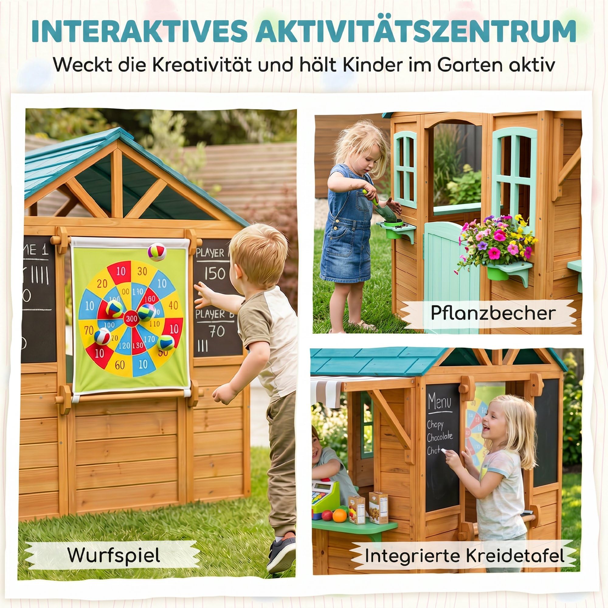 AIYAPLAY Kinderspielhaus aus Holz Spielhaus Outdoor mit Verkaufstheke Pflanzenkasten Kreidetafel Zieltuch 4 Ball Fenster Tür Gartenhaus für Kinder 142 x 120 x 141,5 cm Mehrfarbig