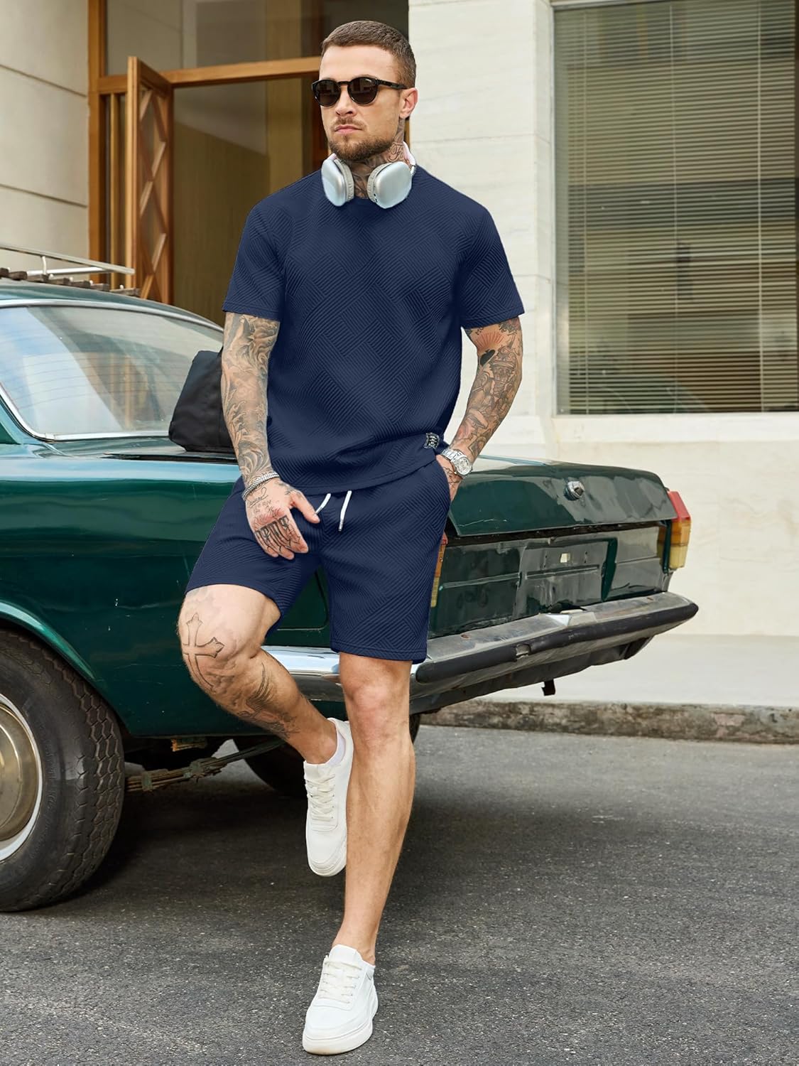 JEMLDL Men's Summer 2 Piece Set Jacquard Texture Short Sleeve T-Shirt & Shorts Outfit Casual Lounge Wear