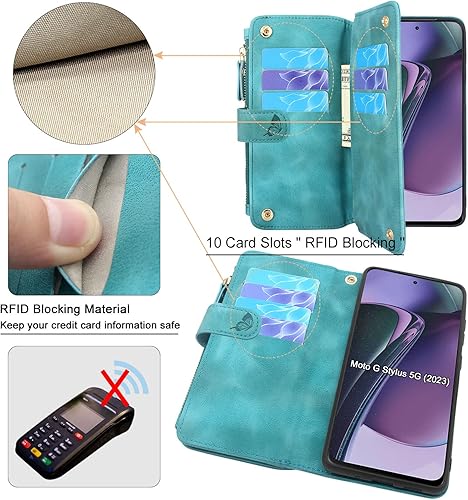 Miniatura 2 de Lacass Funda de piel con bolsillo con cremallera para Motorola Moto g Stylus 5G (2023) con protección contra robo y correa para la muñeca para