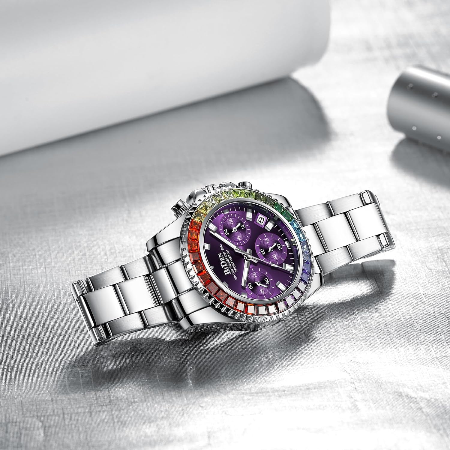Women Colorful Diamond Watches Chronograph Rotatable Bezel Mineral Glass Luminous Watch Stainless Steel Waterproof Date Analog Quartz Watch Fashion Business Dress Wristwatch Silver purple image 4 of 7 B0C8MXB6PV