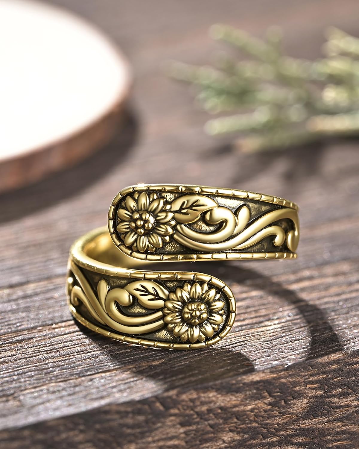 Sterling Silver Vintage Sunflower Spoon Ring for Women Men, Adjustable Open Ring, Retro Boho Western Statement Thumb Ring Jewelry Gift