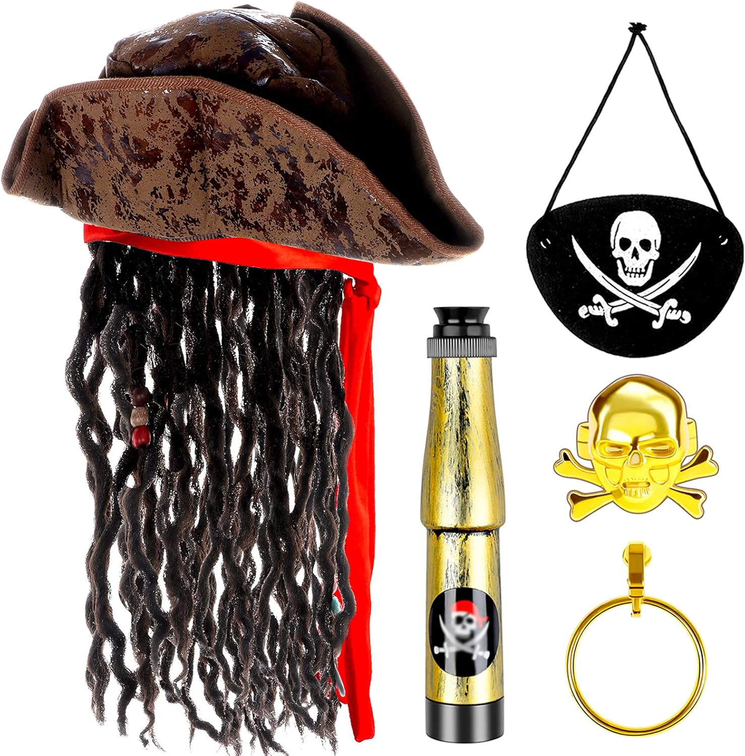 Pirate Hat with Dreadlocks Braids and Costume Accessories Set, Halloween Masquerade Accessory Set of 5