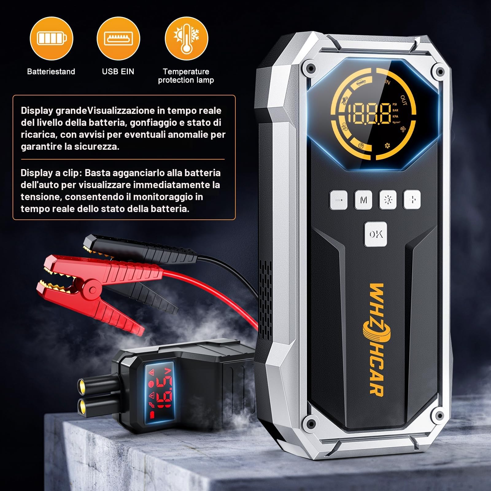 Avviatore Emergenza per Auto 150PSI Compressore 8000A Booster Avviamento Auto 12V Booster Avviamento Moto Con LCD Jump Starter Cavi Di Ponticello Estesi Carica Rapida Torcia a LED Avviatore Booster