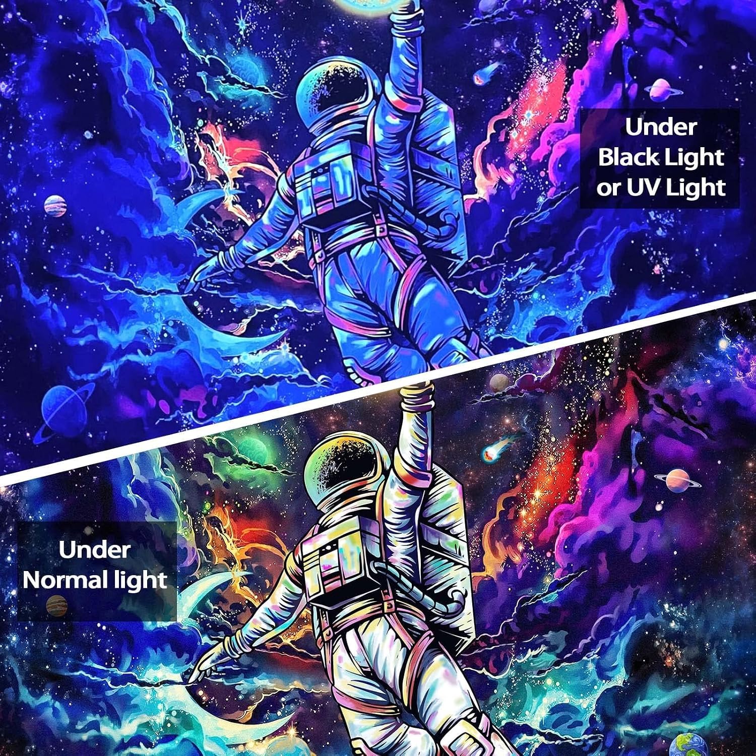 kampdream Blacklight Astronaut Space Tapestry, UV Reactive Galaxy Universe Planet Glow in Dark Tapestries for Men, Boys and Teens Cool Poster 36×48 inch