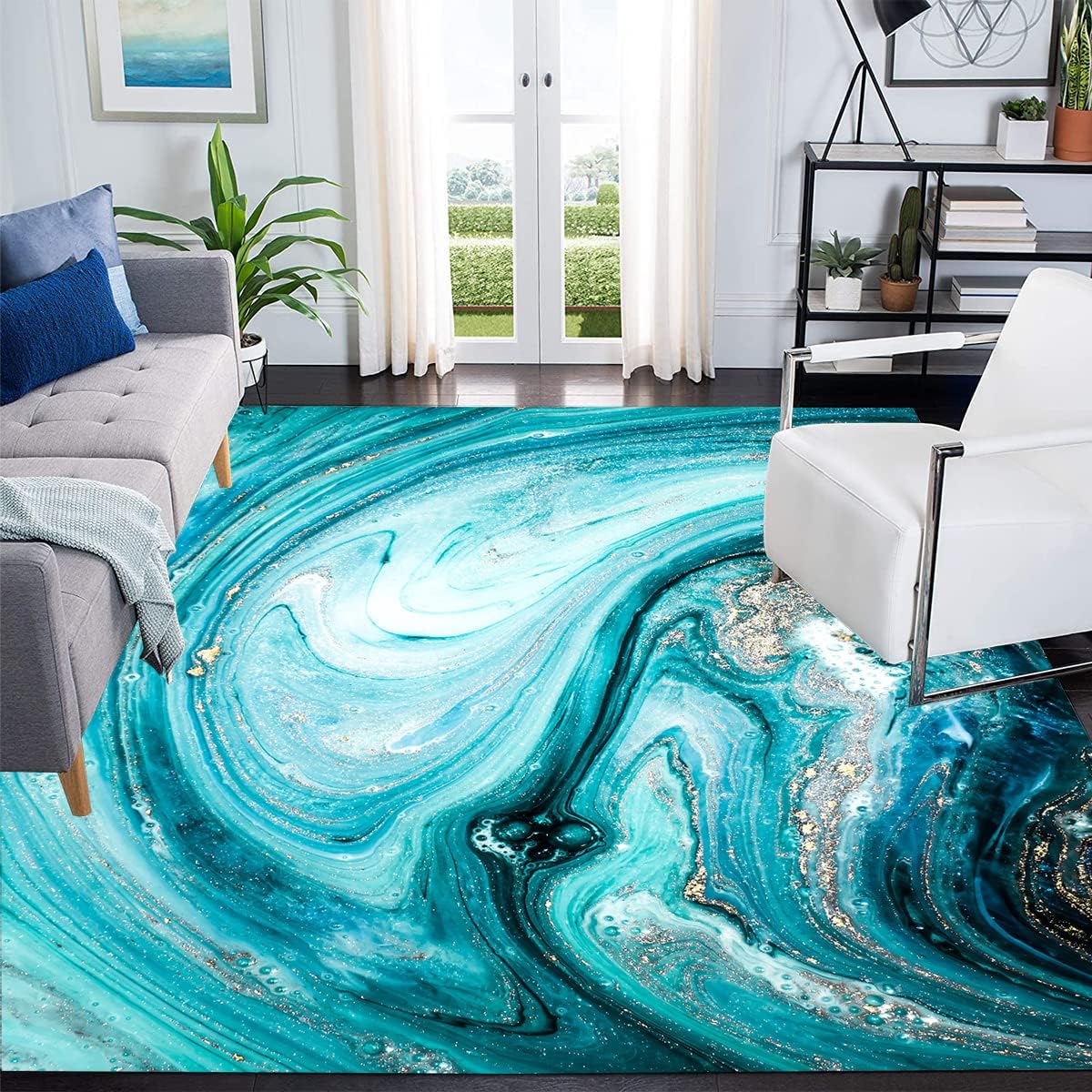CekasoTurquoise Gold Coastal Modern Abstract Area Rugs 5x7 Ocean Waves Carpet for Living Dining Room Lux Art Deco Bedroom Rug 5x7ft