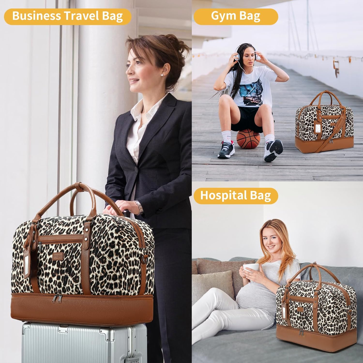 Wogarl 4PCS Weekender Bags for Women Large Overnight Weekend Travel Duffel Carry on Shoulder with Shoe Compartment Canvas Toiletry Bag for Travel Business Gym