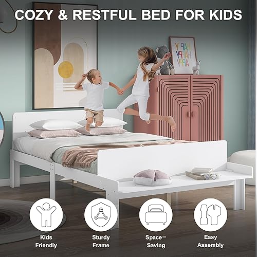 Miniatura 11 de Dolonm Marco de cama individual para niños con banco de estribo, gris, madera de pino, estilo moderno, no necesita somier