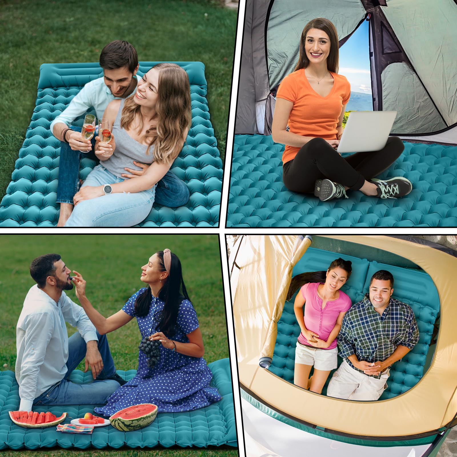 ERWEY Esterilla Camping Autoinflable Doble 200 x 135 cm, 10 cm Colchón Hinchable de Aire Ultraligero Inflable Adecuado para acampadas, Viajes, Actividades al Aire Libre y Uso en la Playa, Azul Pavón