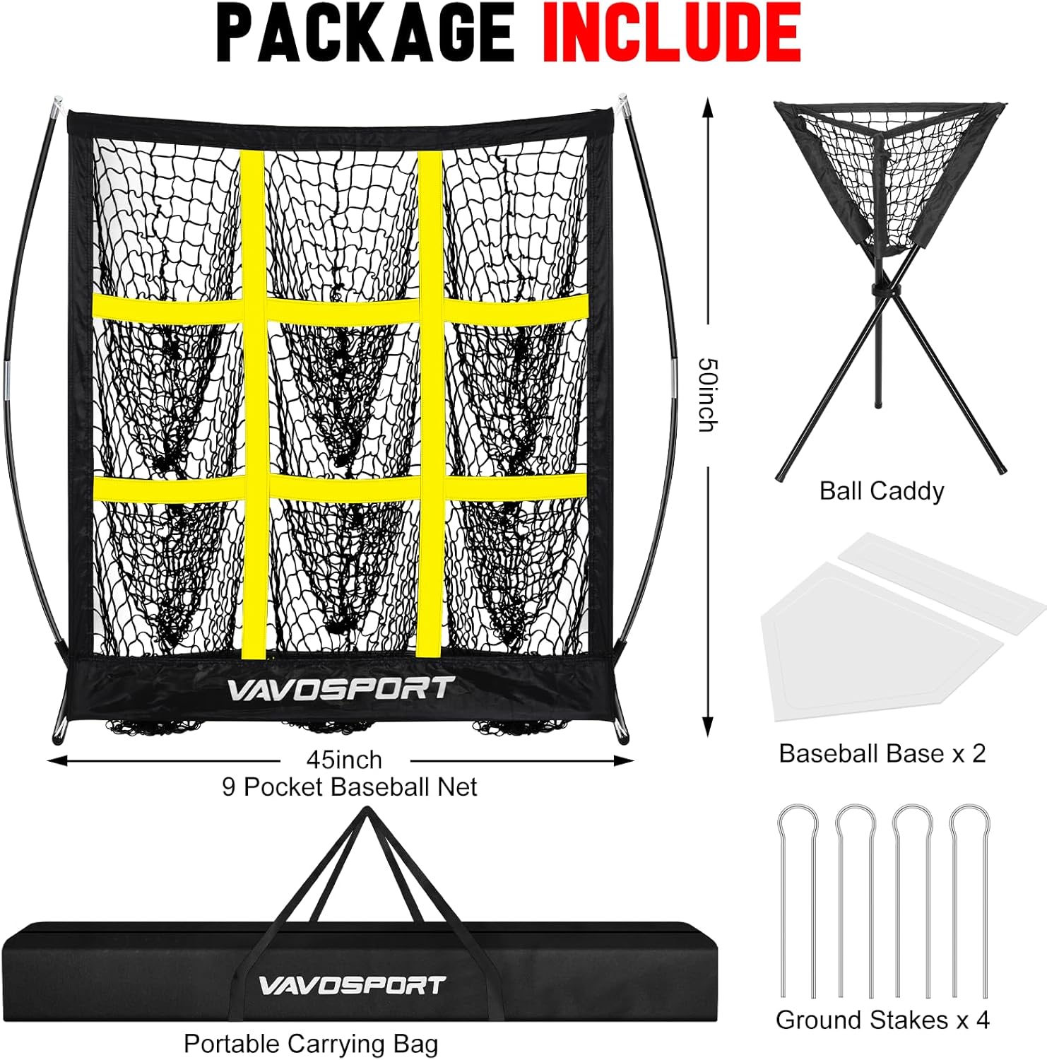 9-Square Pitching Target Net Set - Softball & Baseball Net with Strike Zone, Ball Caddy, Softball Base Accessories, Adult & Youth Training Equipment