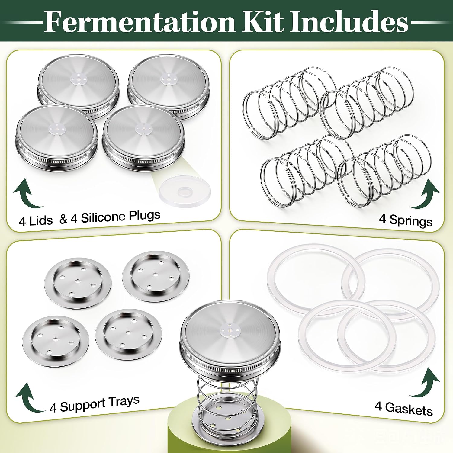 Hohean 4 Pack Stainless Steel Fermentation Lids Kit with Springs and Silicone Airlock, Wide Mouth Mason Jar Fermenting Set, Check Valve Anaerobic Pickle Sauerkraut Kimchi, Reusable Easy to Clean