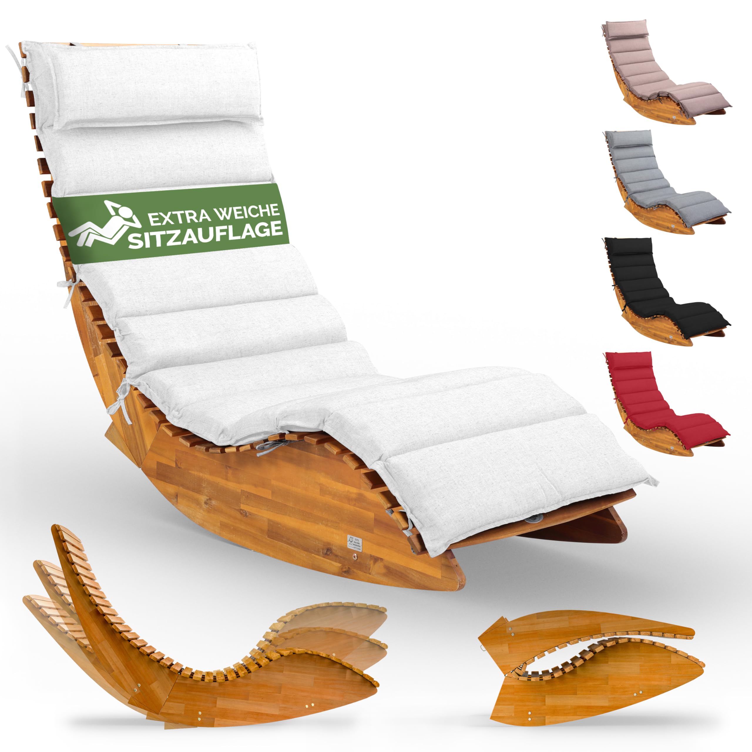 CASARIA® Tumbona Mecedora Plegable Madera Acacia FSC® Certificada Ergonómica 160kg Resistente Intemperie Jardín Terraza Balcón 154x60cm Cojín Crema