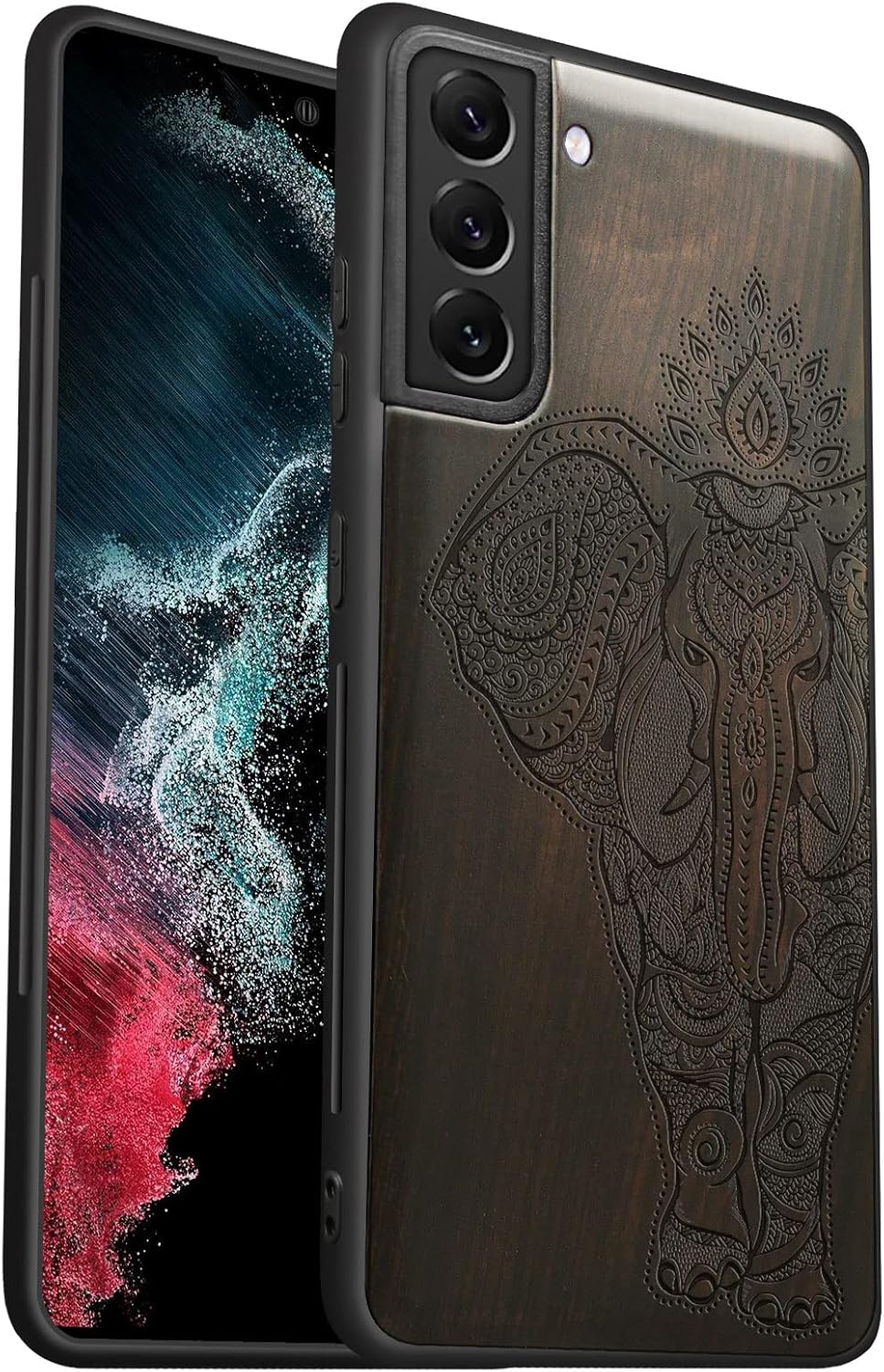 Carveit Wood Case for Galaxy S21 FE Case [Natural Wood & Black Soft TPU] Shockproof Protective Cover Wooden Case Compatible with Samsung S21 FE 5G (Indian Lotus Elephant-Blackwood)