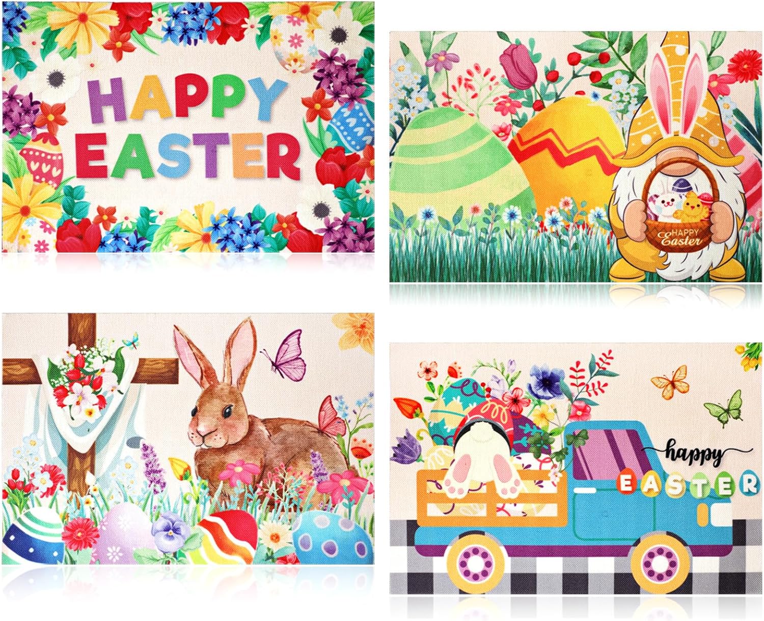 Easter Bunny Rabbit Placemats Set of 4, Seasonal linen Bunny Gnomes