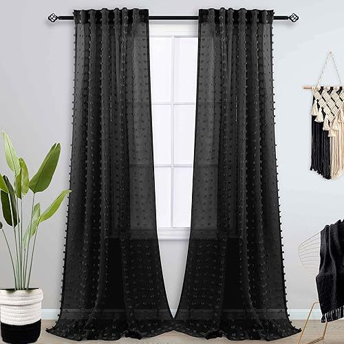 Miniatura 2 de Paneles de cortina extralargos negros de 108 pulgadas para sala de estar, pestañas traseras, bolsillo para barra, con pompones, textura floral,