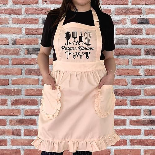 Miniatura 9 de TEEAMORE Delantal con volantes personalizados para cocina, cocción, parrilla, limpieza, disfraz de criada, delantal retro con bolsillos