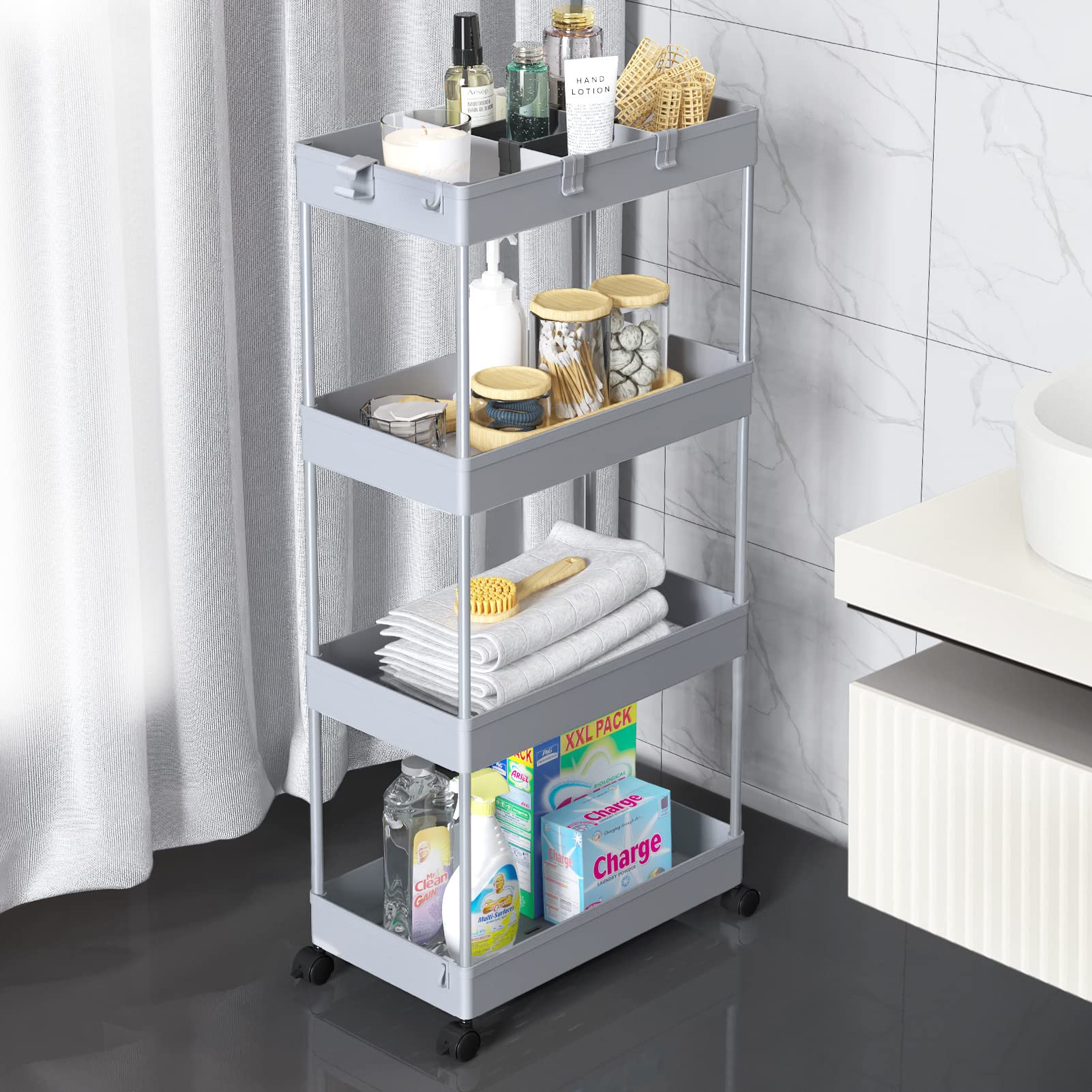 SPACELEAD Storage Cart 4 Tier, Storage Organizer Bathroom Rolling Utility Cart, Slide Out Mobile Shelving Unit Cart with Wheels, Office, Bathroom, Kitchen, Laundry Room & Narrow Places( Grey )