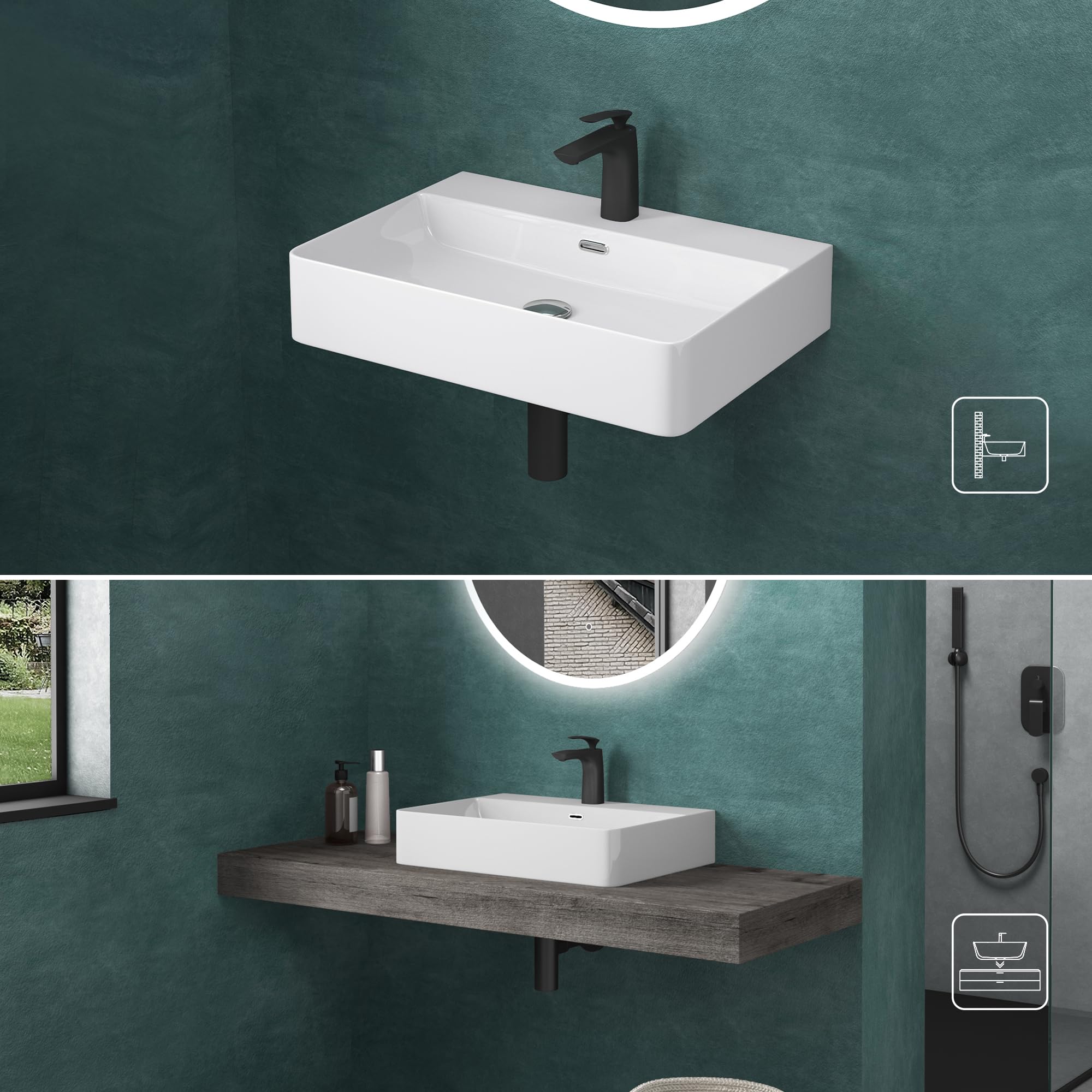 doporro Lavabo sobre Encimera Lavabo Suspendido Baño | Rectangular | Blanco | Cerámica | 50x42x12cm | con Rebosadero y Orificio para Grifería | Meissen201