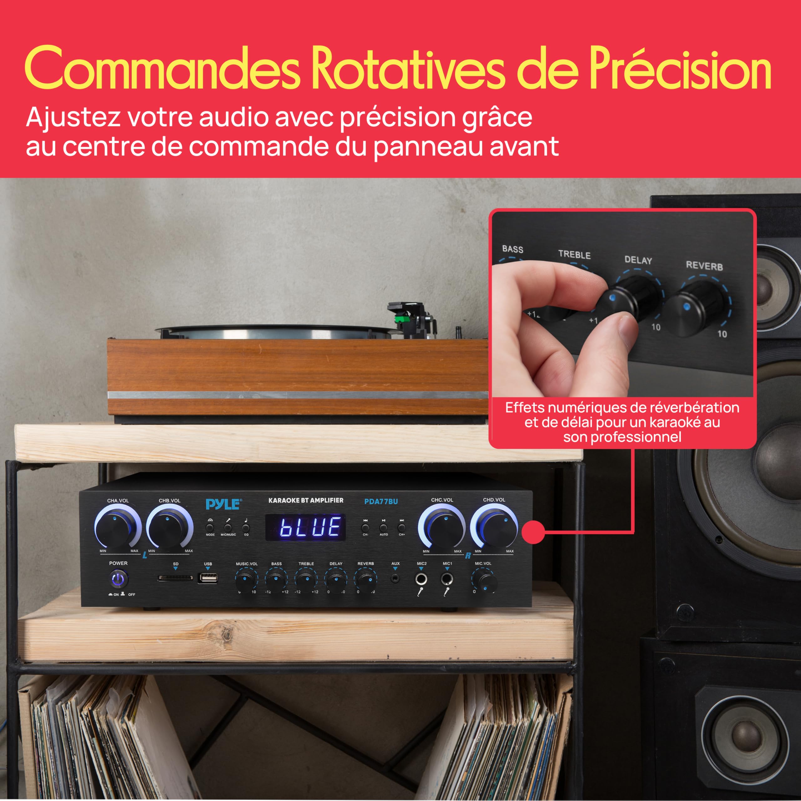 Pyle Amplificateur Bluetooth 4 Canaux 800W – Récepteur Audio HiFi pour Home Cinéma, Studio Musique, DJ & Enceintes Maison | USB, MP3, AUX, FM, Micro avec Réverbération, Écho, Contrôle Volume LED