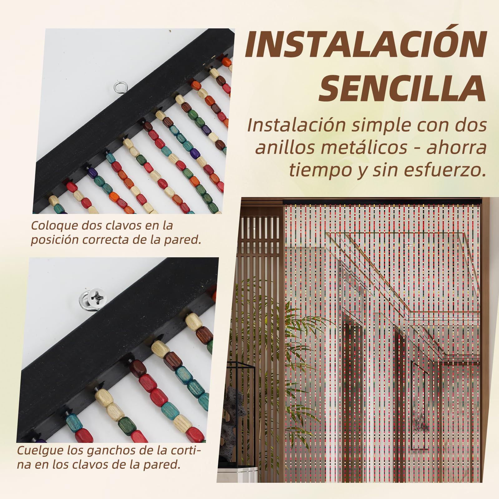 Cortina para puerta de balcón, 90 x 190 cm, cortina de puerta, decoración de puerta de balcón, 52 hebras, estilo bohemio, cortina de bambú, cuentas de madera hechas a mano para ventana