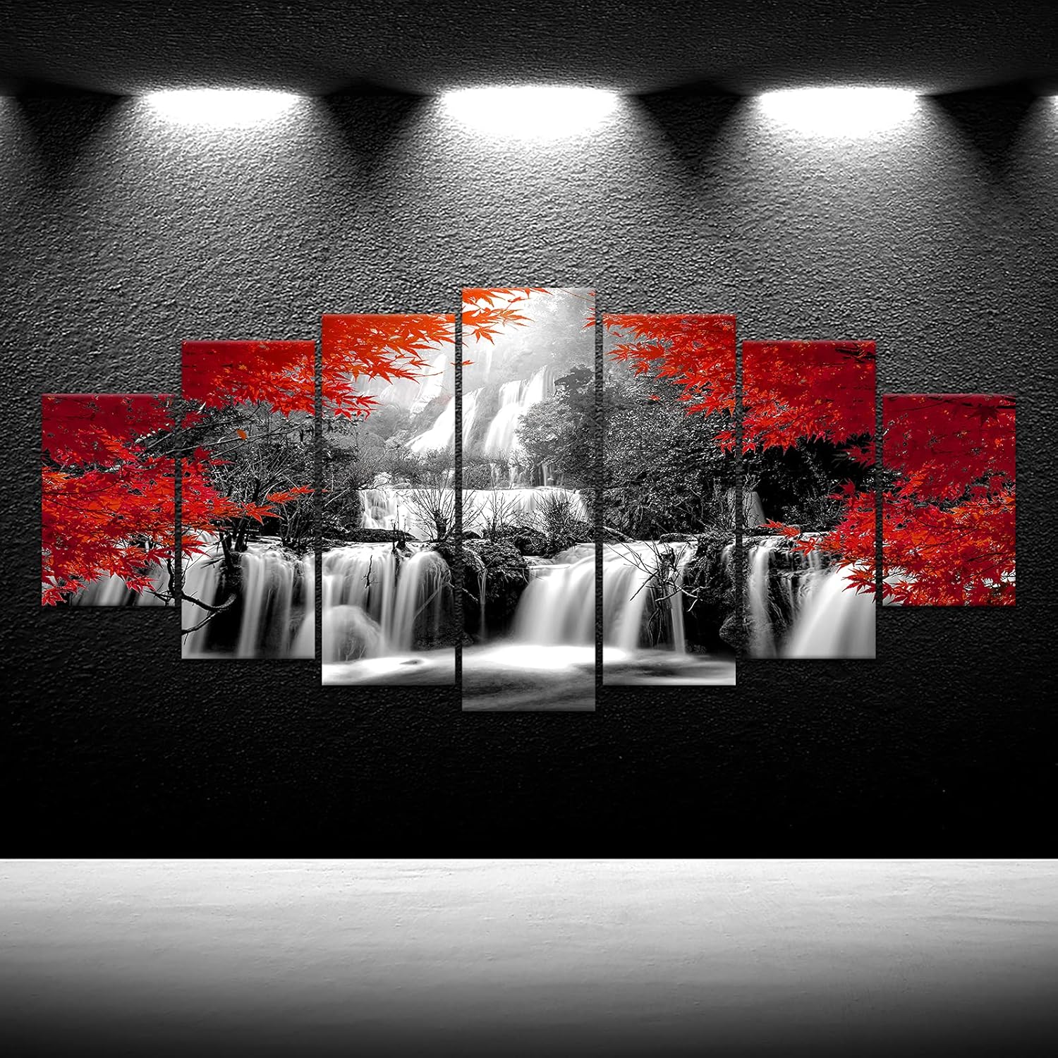 XLarge 7 Pieces Black and Red Waterfall Canvas Wall Art Nature Forest Picture Prints Framed and Stretched Painting for Modern Living Room Office Decorations 70x32 inch - Image 2