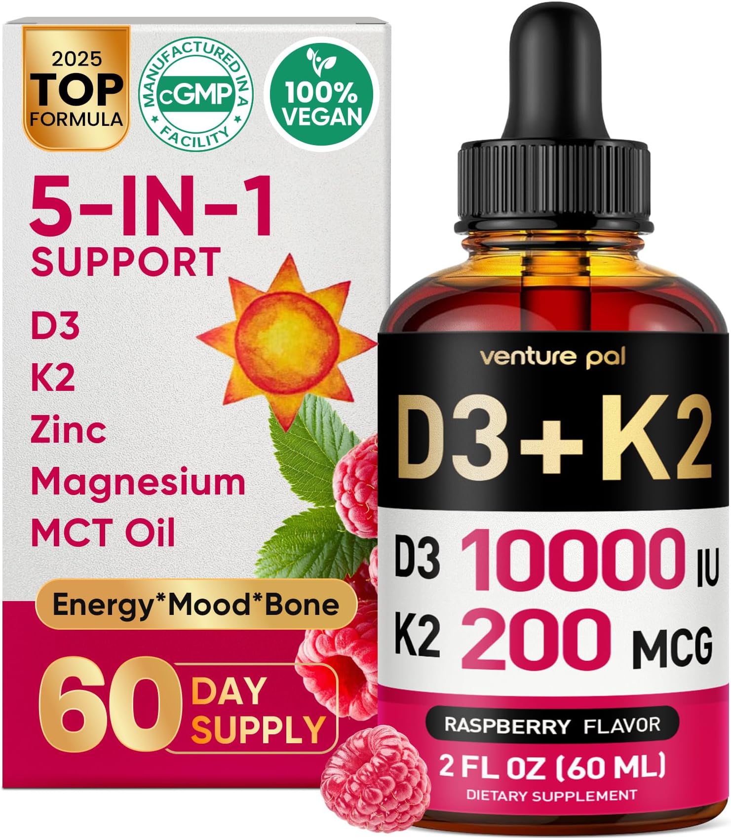 Venture Pal 5-in-1 Vitamin D3 10000 IU & K2 as MK-7 200mcg with Magnesium, MCT Oil, Zinc, Sugar-Free Vitamin D Liquid |Maximum Absorption for Bone, Mood & Immune Health - 2 FL OZ, 69 Days