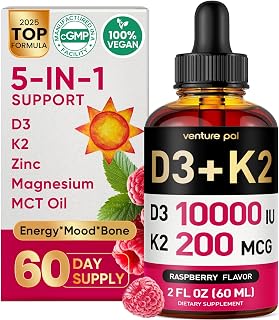 Venture Pal 5-in-1 Vitamin D3 10000 IU & K2 as MK-7 200mcg with Magnesium, MCT Oil, Zinc, Sugar-Free Vitamin D Liquid |Maximum Absorption for Bone, Mood & Immune Health - 2 FL OZ, 60 Days