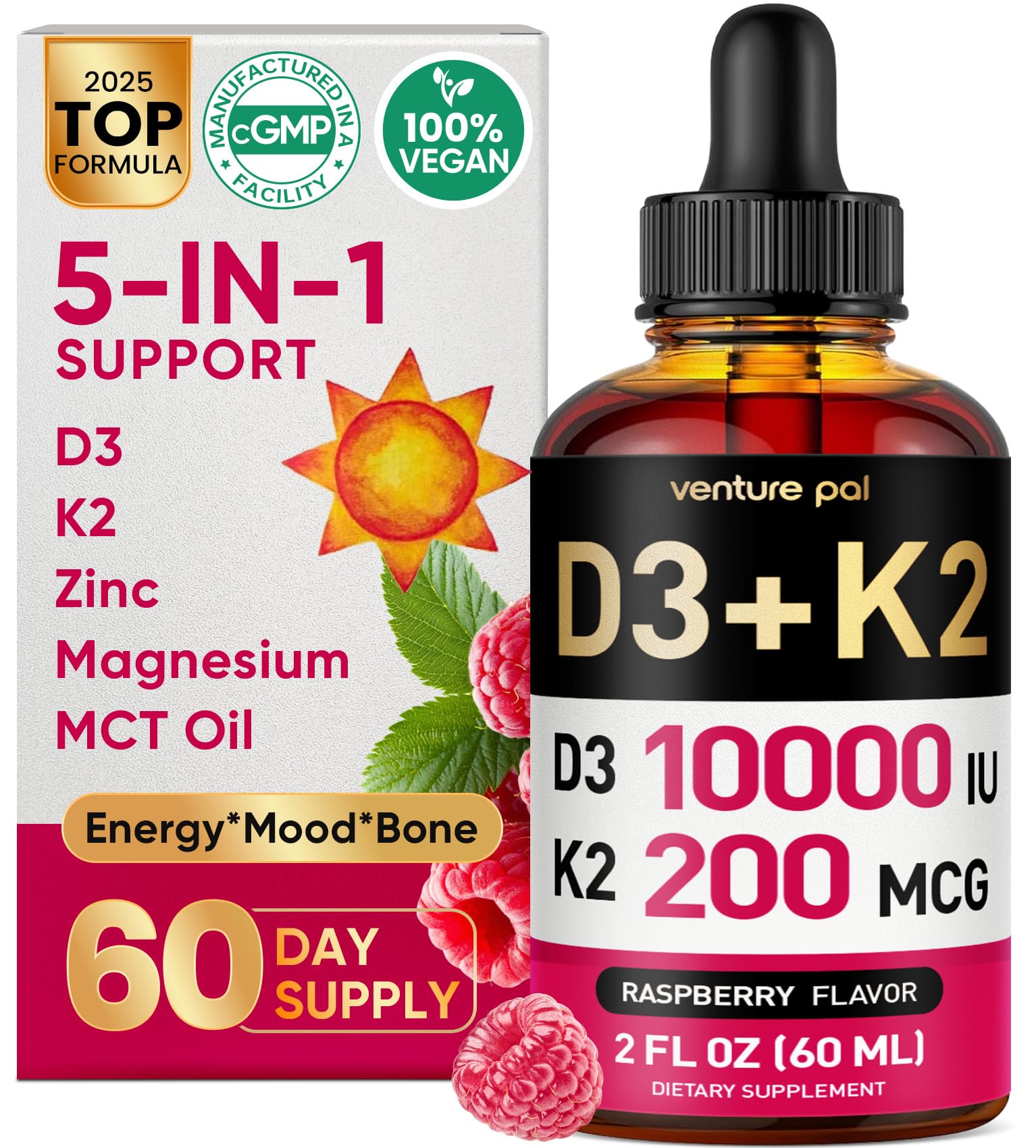 Venture Pal 5-in-1 Vitamin D3 10000 IU & K2 as MK-7 200mcg with Magnesium, MCT Oil, Zinc, Sugar-Free Vitamin D Liquid |Maximum Absorption for Bone, Mood & Immune Health - 2 FL OZ, 60 Days