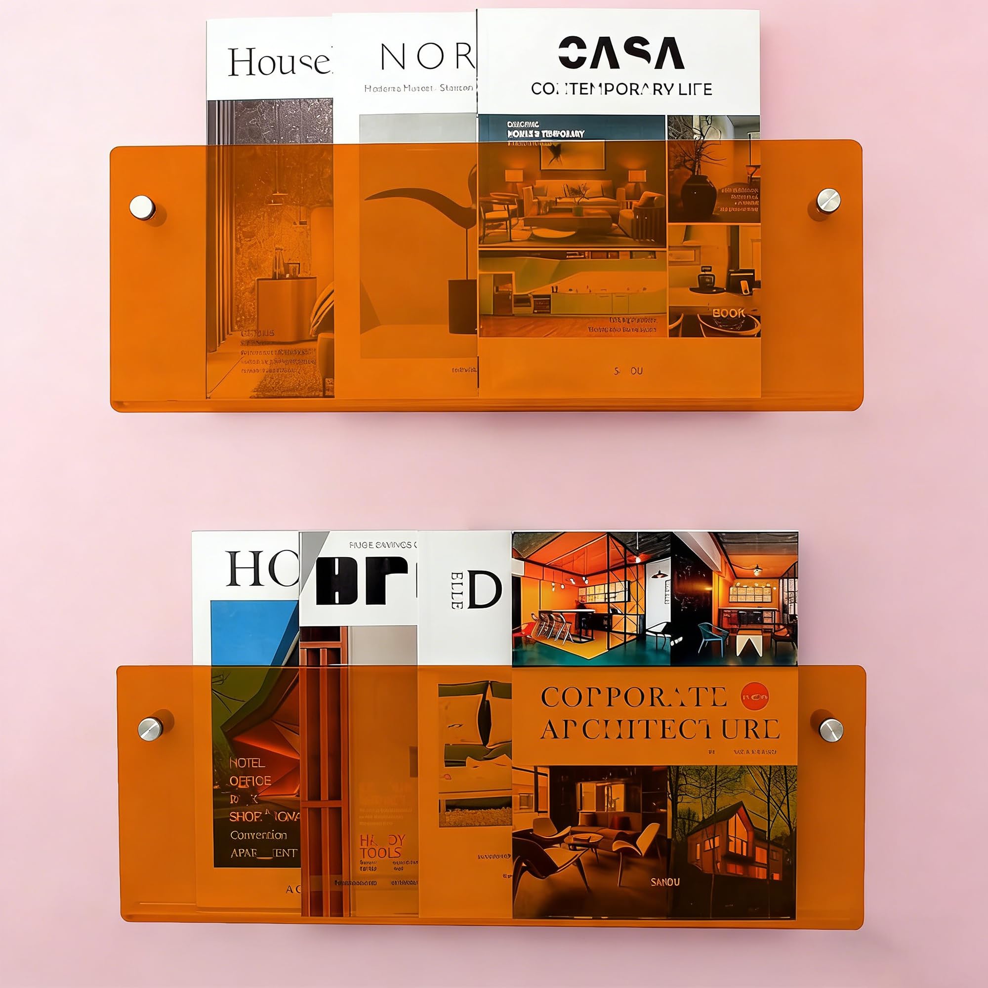 Gwezmxs 2 Pack Modern Acrylic Magazine Rack, 15.7" x 5.9" Wall Bookshelf - Orange